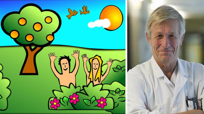 Adam och Eva, de allra första människorna, i Edens Lustgård, och Åke Andrén-Sandberg t.h. Adam och Eva, de allra första människorna, i Edens Lustgård, och Åke Andrén-Sandberg t.h.